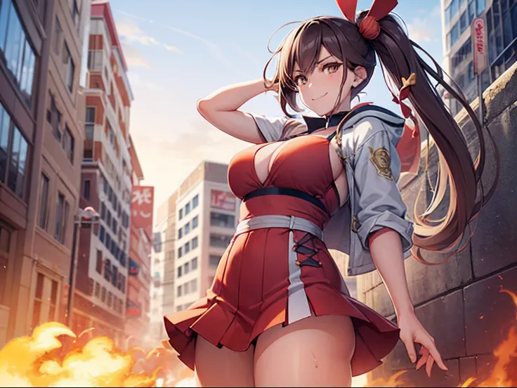 1girl,Zuikaku in Spider-Gwen costume,gigantic breasts,superhero pose,standing in ruined city,smoke,(8k),scratches,detailed face,brown hair,yellow eyes,very long hair,embarassed,small smile face, side ponytail,orange eyeshadow,hair ornament,