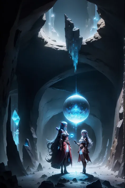 A large cavern alight with floating blue crystals aglow with an inner light, several female elves stand together overlooking a single crystal sphere seething with magical energy