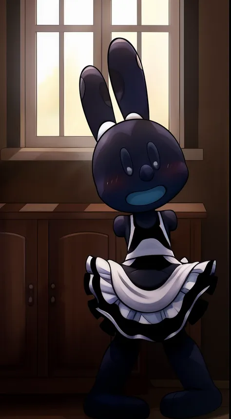 oswald, armless, missing arms, no arms, black eyes, big and wide mouth, agape, white polka dots on ears, full body, maid dress, ...