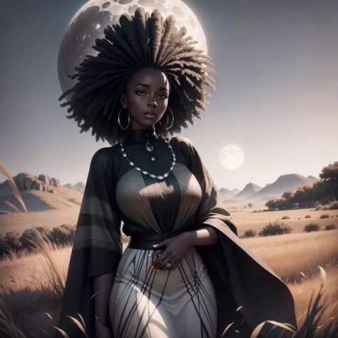 a black and white photo of a beautiful black woman in a field of grass African clothes, black and white scene only colour is from the Womans clothes, sandy white moon landscape, with iridescent light, highly detailed images, vibrant beautiful colours, phot...