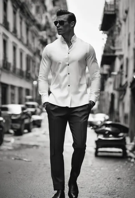 arafed man in a white shirt and black pants standing in a room, roupas sob medida, grey pants and black dress shoes, apelo masculino alta moda, vestido formal, Homem magro com pele branca, cabelos escuros, Macho bonito, male proportions, bonito e elegante,...