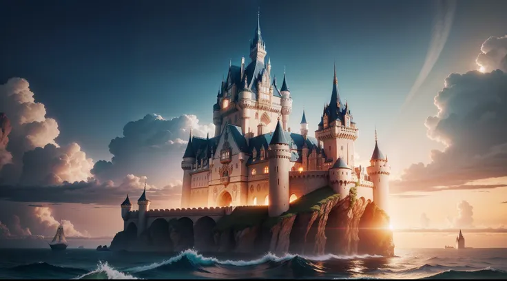 A beautiful castle floating on the ocean, solar rays, 4k highest quality largest size,