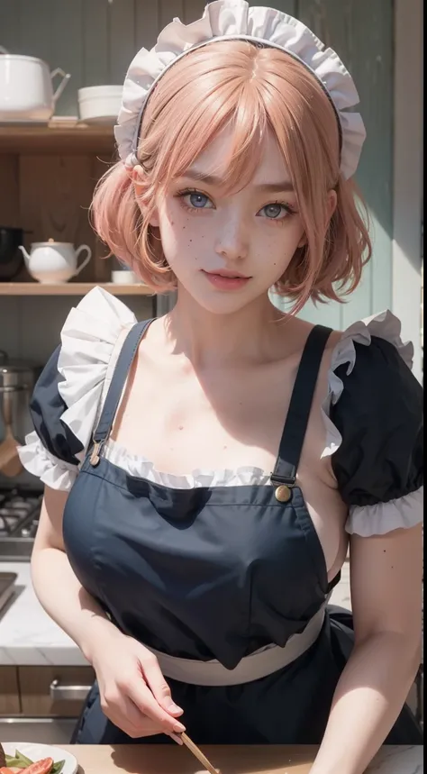 Closeup portrait of playful maid, cropped hair, apron, amazing body, pronounced femininity, plump, kitchen, [ash blonde|ginger|pink hair], freckles, flirting with camera