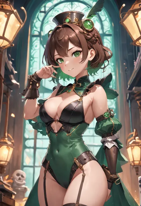 (((NSFW))), a stunning magica fantasy full body portrait of a steampunk woman in dark green underwear, plunging neckline accentuating feminine features, small ears, brown hair, smiling happily, Dynamic Pose, Ticker, Fantasy, Extreme Detail, 4Kde, Ultra HD,...