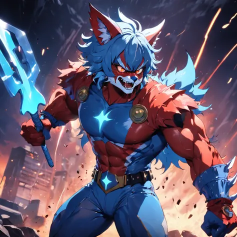 Thundercat, super hero costume, clown-like, colors are mostly red and blue, a jagged shovel is the weapon of choice, best quality, masterpiece