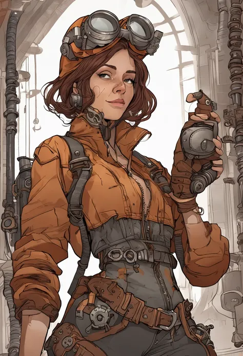 Steampunk woman who is a brilliant engineer and inventor of steam-powered machines. She wears a brown leather jumpsuit adorned with gears and a helmet with goggles. She carries a backpack full of tools and fountain pens to jot down her revolutionary ideas.