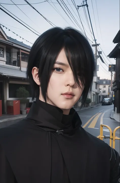 real Life adaption of this character,his name is Sasuke uchiha from anime naruto ,hyper realistic ,detailed very similar black hair , high resolution, photorealistic,very detailed,realistic outfit wear black cloak with a collar ,korean teen handsome ,detai...