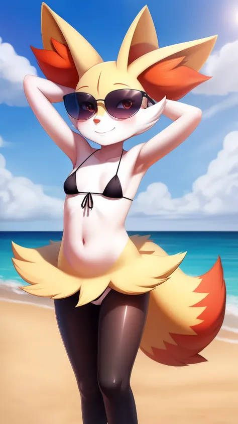 Braixen (pokemon) two-color skin, black skin, , detailed,best quality masterpiece, beautiful style, beach,1girl,alone,sunglasses, smile, innocent,loli, legs open, nsfw,black legs,micro bikini