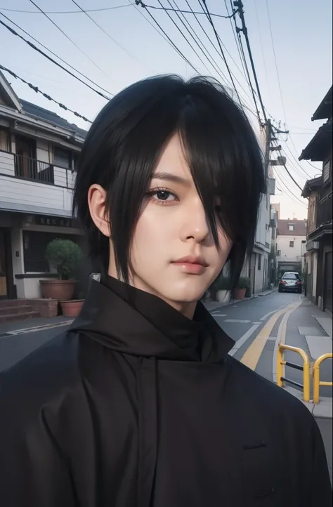 real Life adaption of this character,his name is Sasuke uchiha from anime naruto ,hyper realistic ,detailed similar black hair, high resolution, photorealistic,very detailed,realistic outfit wear black cloak with a collar ,korean teen handsome ,detailed sh...