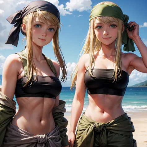 winry rockbell from full metal alchemist looking exhausted with a big smile, navel, cleavage, bare shoulders, collarbone, earrin...