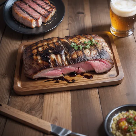 meat with grill marks on a wooden board with a cold cold beer next to it, tasty, promotional photo, intricate details, HDR, realistic photo, Adobe Lightroom, highly detailed --auto --s2