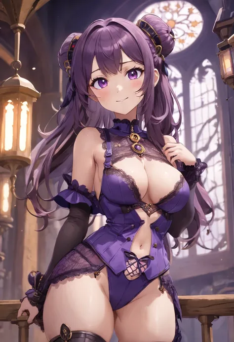 (((NSFW))), a stunning magica fantasy full-body portrait of a busty steampunk woman in dark purple lace underwear, wearing a garter belt, aged 15, emphasizing her feminine features. Plunging Neckline, Small Ears, Brown Hair, Happy Smile, Dynamic Pose, Tick...