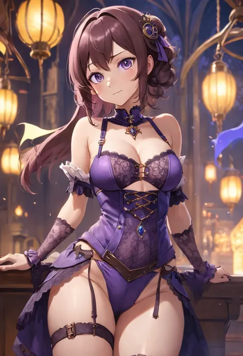 (((NSFW))), a stunning magica fantasy full-body portrait of a busty steampunk woman in dark purple lace underwear, wearing a garter belt, aged 15, emphasizing her feminine features. Plunging Neckline, Small Ears, Brown Hair, Happy Smile, Dynamic Pose, Tick...