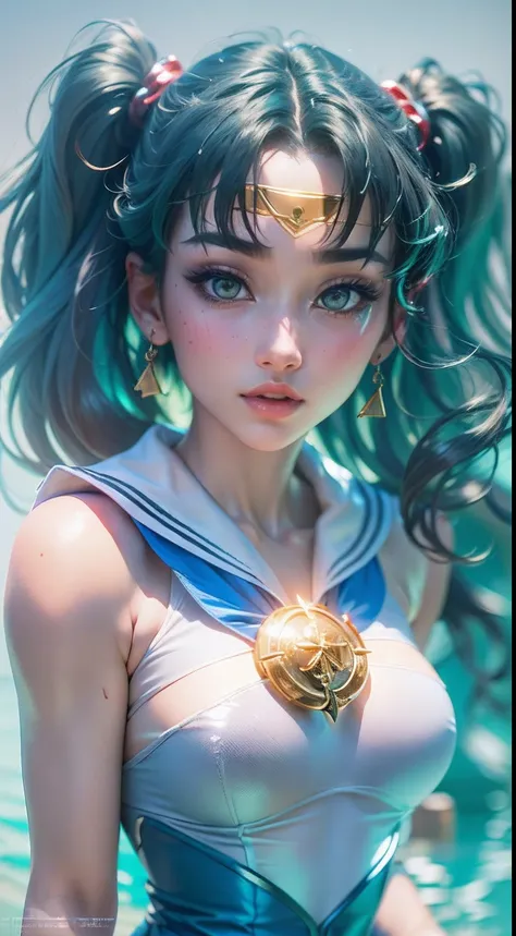 Sailor Moon, Mercury, full bodyesbian, beautiful female bodies, Amazing cute girl, Film photography, analogue photography, filmgrain, Extreme detail, 4K, Ultra HD, hyper photorealism, trending on artstationh, Polished, Radiant, vibrant, Photorealistic, Bac...