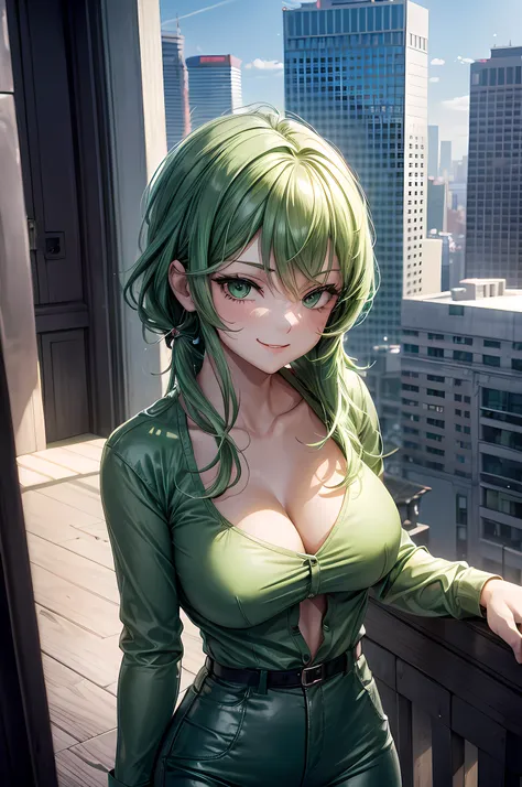 1girl, sexy, smirking, green hair, green eyes, wearing a light-green casual outfit, sexy outfit, city night, on building roof top, absurdes, high res, ultrasharp, 8K, masterpiece