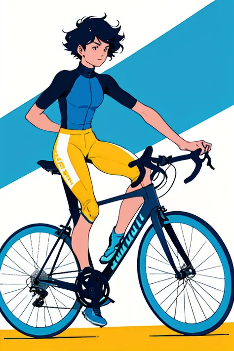 Woman on bike in race on track field, minimalist drawing, flat aesthetic, flat design, light colors, flat colors, flat design picture, digital art, sunny vibe. Bike, woman on bike, trending on art station. Book cover. Old, retro, old bike.