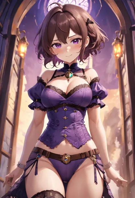 (((NSFW))), a stunning magica fantasy full-body portrait of a busty steampunk woman in dark purple lace underwear, wearing a garter belt, aged 15, emphasizing her feminine features. Plunging Neckline, Small Ears, Brown Hair, Medium Wavy Hair, Smiling Happi...