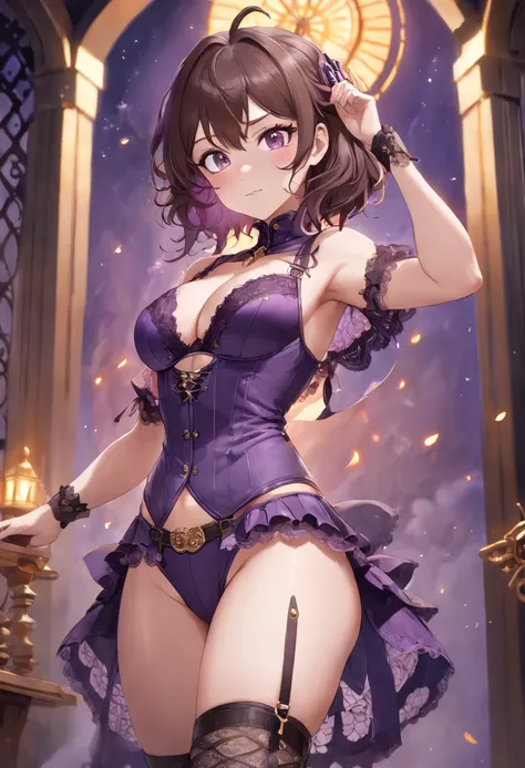 (((NSFW))), a stunning magica fantasy full-body portrait of a busty steampunk woman in dark purple lace underwear, wearing a garter belt, aged 15, emphasizing her feminine features. Plunging Neckline, Small Ears, Brown Hair, Medium Wavy Hair, Smiling Happi...