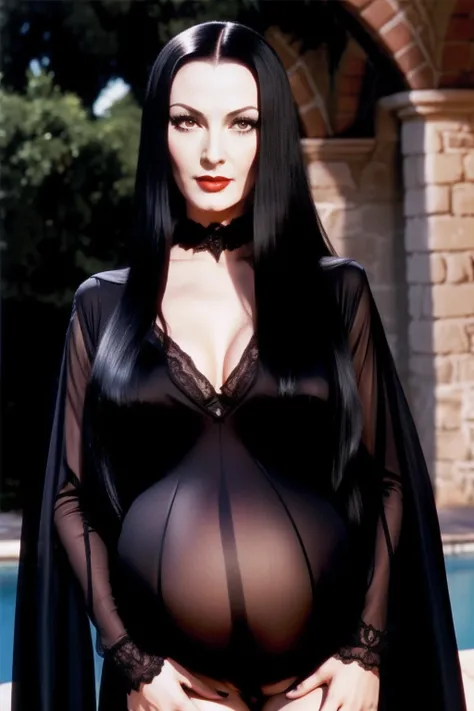 Morticia Addams nude at the old castle, pubic hair, showing pussy, black hair, perfect eyes, beautiful face, pregnant