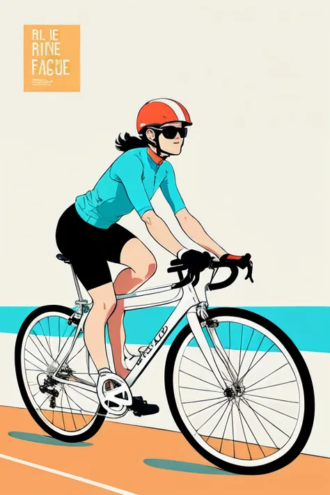 Woman on bike in race on track field, minimalist drawing, flat aesthetic, flat design, light colors, flat colors, flat design picture, digital art, sunny vibe. Bike, woman on bike, trending on art station. Book cover. Old, retro, old bike.