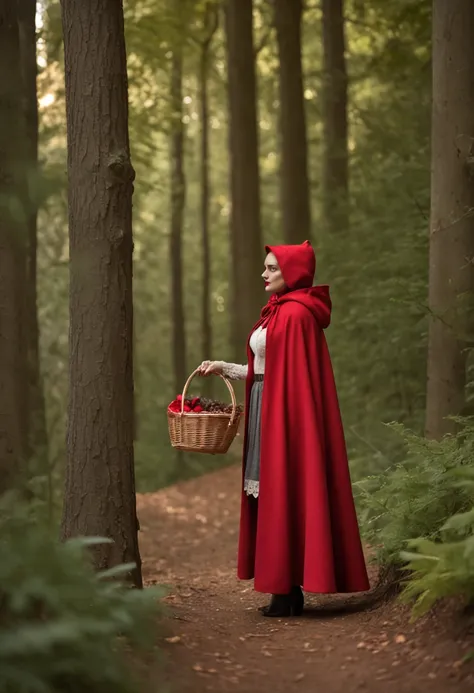 Little Red Riding Hood standing on a narrow path in the forest. Talking to the Big Bad Wolf, a big wolf standing, with a scarf around his neck and a top hat on his head. She is wearing her iconic red hood and holding a wicker basket. Golden sunlight penetr...