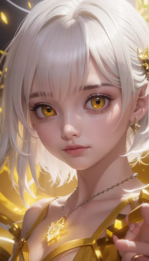 Ultra realistic, ray tracing, cinematic photography, cinematic special effects, glowing yellow golden eyes, yellow glowing jewel necklace, silver hair on top, cinematic photo, just like the picture looks, no hands