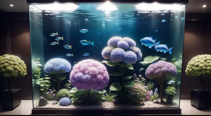 Giant aquarium in an aquarium、Multiple hydrangeas in the aquarium、qualidade superior、8k、obra prima、uma imagem、Fotorrealista、Fotografia RAW、qualidade superior、alto detalhe、Realismo、fotos realistas、Professional color correction