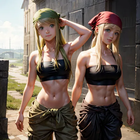 winry rockbell from full metal alchemist looking exhausted with a big smile, navel, cleavage, bare shoulders, collarbone, earrings, midriff, pants, stomach, bare arms, strapless, bandana, bandeau, athletic