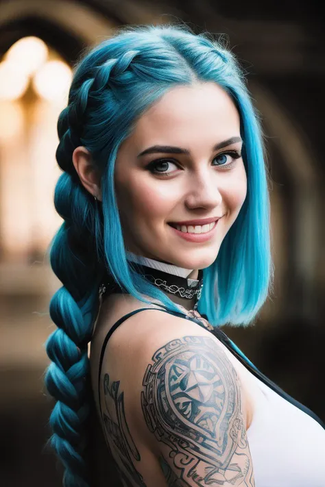 lots of definition, super focus, medium cinematic half-body portrait of young alternative blue hair in braids, big ass, big breasts, large breasts, sexy smile, main light, backlight, natural lighting, photography 400 ISO film granulation 30mm lens f1.8 RAW...