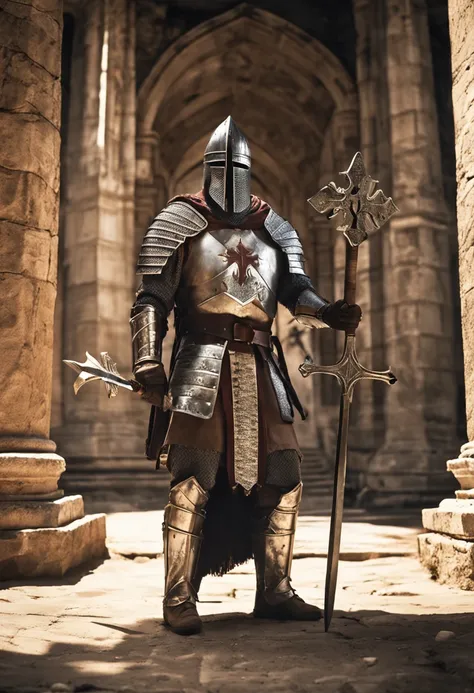 Imposing Templar warrior dressed in shining armor, holding a shield adorned with the Templar cross and raising his ancestral sword in a gesture of determination. Capture the aura of honor and courage emanating from this warrior as he stands in an ancient a...