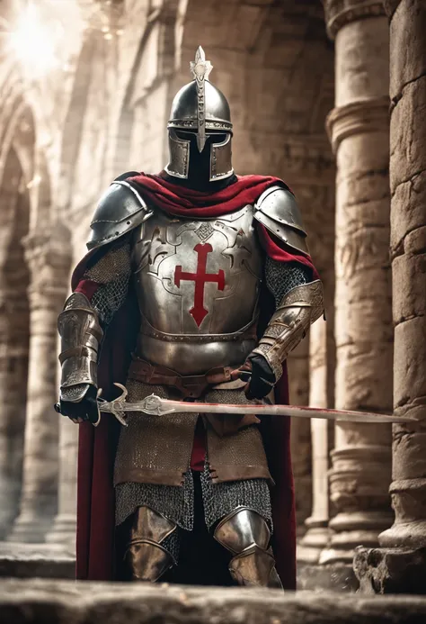 Imposing Templar warrior dressed in shining armor, holding a shield adorned with the Templar cross and raising his ancestral sword in a gesture of determination. Capture the aura of honor and courage emanating from this warrior as he stands in an ancient a...