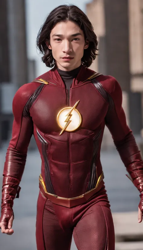 Male actor Ezra Miller dressed in full body flash costume with flash symbol on chest in background a futuristic city