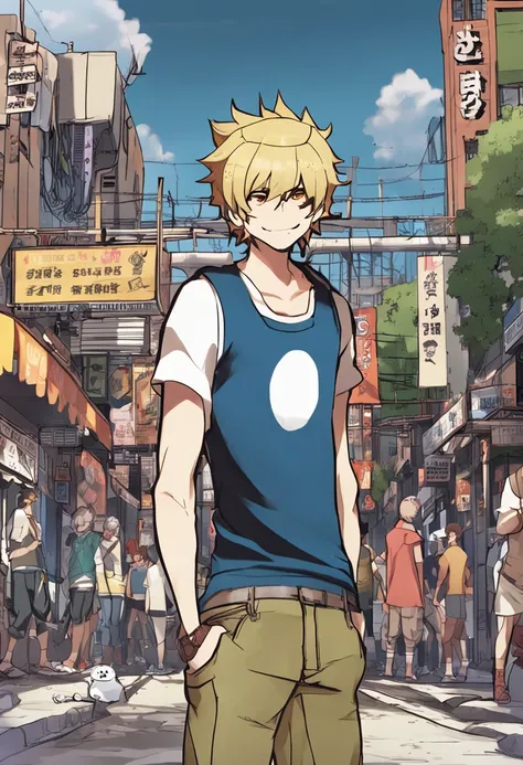 Danganronpa,male,long Tank top,blue jeans,yellow hair,brown eyes,straight short hair Hair,long pantssmile,{{{one person}}}