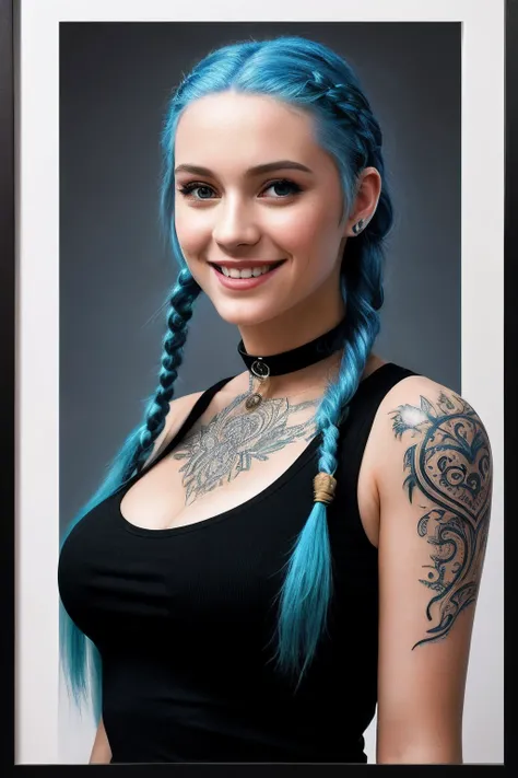 lots of definition, super focus, medium cinematic half-body portrait of young alternative blue hair in braids, big ass, big breasts, large breasts, sexy smile, main light, backlight, natural lighting, photography 400 ISO film granulation 30mm lens f1.8 RAW...