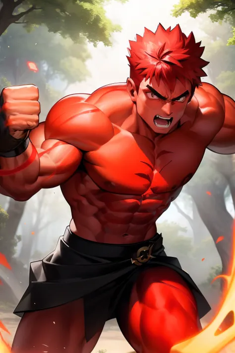 Muscular warrior without shirt with crimson hair expected behind, punching a very thick tree trunk. Red magic power energy focuses on his fists. magical powers, energia, aura brilhante carmesim. Vila de fundo desfocada.