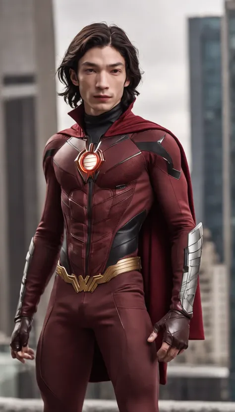 Male actor Ezra Miller dressed in full-body flash costume with arms and legs separated with flash symbol on chest in the background a futuristic city and transformed into anime character.