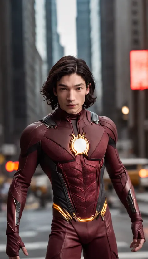 Male actor Ezra Miller dressed in full-body flash costume with arms and legs separated with flash symbol on chest in the background a futuristic city and transformed into anime character.