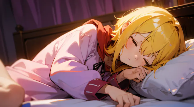 anime-girl, yellow hair, purple lights, bed, brown eyes, soft fluffy onesie, red, hood, sleeping