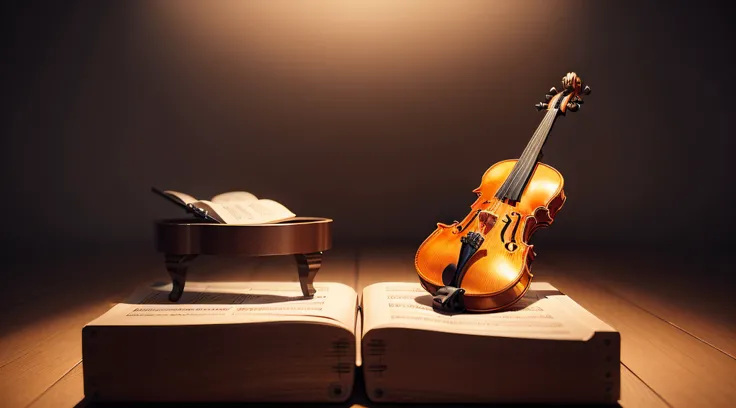 The image depicts a visual symbol that represents musical intelligence.

In the center of the image, there is a set of elements that evoke the world of music. A violin is propped up on a stand, its strings visible. Next to the violin is a set of sheet musi...