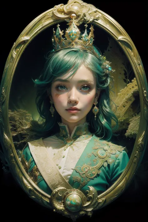 (Masterpiece, Top quality, Best quality, offcial art, Beautiful and aesthetic:1.2), (1girll), extreme detailed details,Colorful,highest details,Cute, Green hair, crown,(Fractal art:1.3)