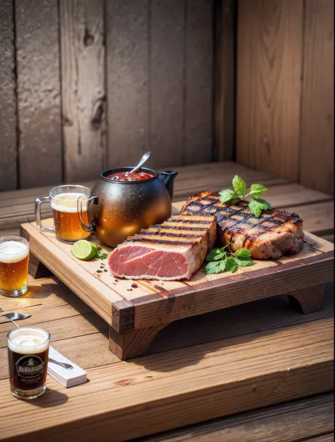 meat with grill marks on a wooden board with a cold cold beer next to it, tasty, promotional photo, intricate details, HDR, realistic photo, Adobe Lightroom, highly detailed --auto --s2