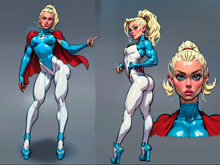 ((masterpiece)),(((best quality))),((character design sheet)), ((full body view)) illustration,1girl, muscular, ((seablue bodysuit:1.5)), superhero, (blonde ponytail:1.4), (red cape:1.4) ((detailed face:1.4)) beautiful woman, (small breasts:1.3)(red thighh...