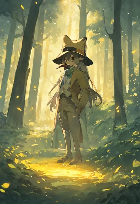 o Lobo Mau, Um lobisomem, with a scarf around his neck and a top hat on his head. Ele estava esperando sentado em uma pedra. Golden sunlight penetrates through the leaves of tall trees, creating shadow patterns on the ground. A gentle mist envelops the tre...