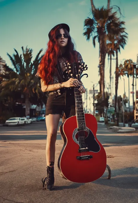 Gothic girl in her 20s, magra, com um lado do cabelo raspado com uma guitarra flying v nas costas