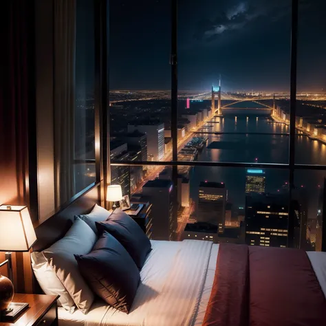 Hotel room with night view　ＳＦart by　luxury hotel　top-quality　​masterpiece　near future　Large room