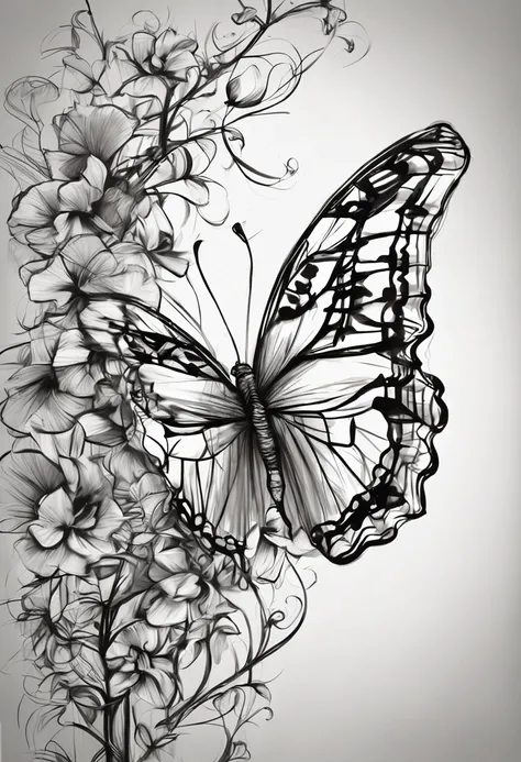 white backgrounid，Sketch of black lines black and white butterfly painting