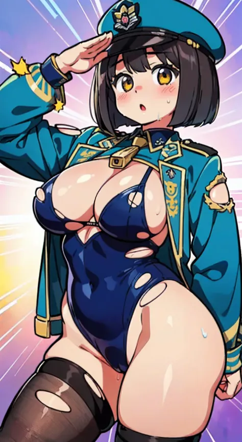 (Perfect body),Best Quality,masuter piece、(8K Portrait),(Official art)、((Police Woman)),((Police Hat))、blush,(Sweat),((((large udder))))、(Adult Woman)、(Dark hair),((bob cuts))、Yellow eyes,(thick thighs)、(Cowboy Shot)、((((( Chest sticking out of torn navy b...