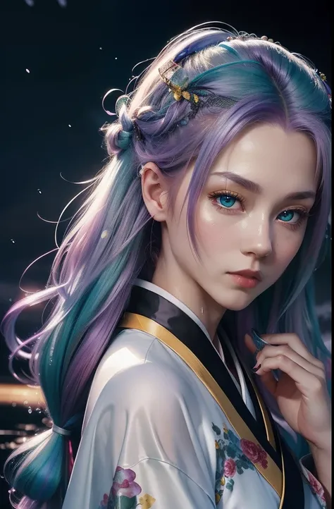 masuter piece), top-quality, ultra - detailed, Beautiful work, Floating feeling, A high resolution, fundo futurista、Dynamic angles, dynamicposes, １People Girls, Blue eyes, (multicolored hair+Silver hair:1.3+red hair:1.2+Purple hair+yellow  hair:1.3+Green h...