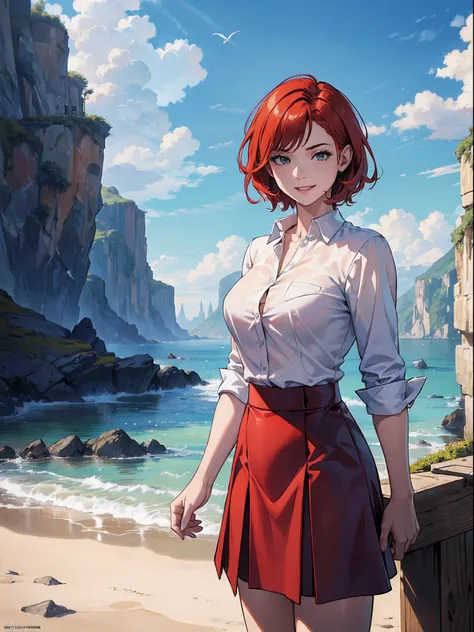 (masterpiece) , ((best quality)), (( 8k wallpaper)), ((ultra high resolution)), good composition, (ultra-detailed), illustration, beautiful, 1girl, red hair, short hair, medium sized breasts, good hands, perfect hands, scenery, masterpiece, highly detailed...