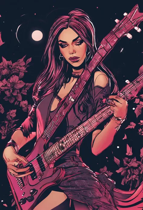 Gothic girl in her 20s, magra, com um lado do cabelo preto raspado com uma guitarra flying v nas costa, num estilo arte digital rpg